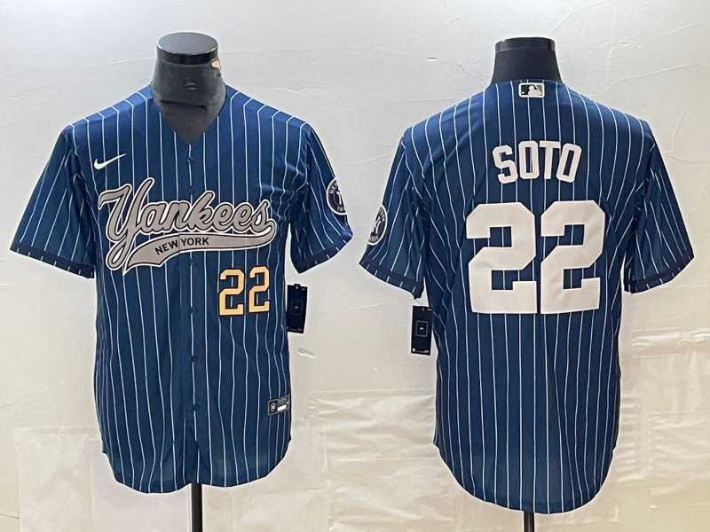 Mens New York Yankees #22 Juan Soto Number Blue Pinstripe Cool Base Stitched Baseball Jersey